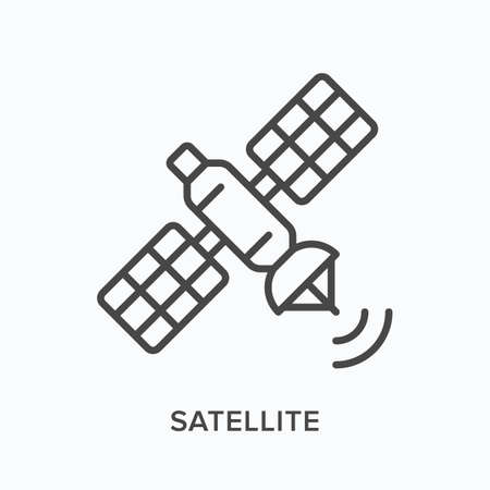 Satellite flat line icon. Vector outline illustration of navigation transponder. Black thin linear pictogram for communication equipmentのイラスト素材