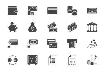 Money flat icons. Vector illustration include icon - currency exchange, payment, withdraw, wallet, credit card, invoice, receipt glyph silhouette pictogram for bankingのイラスト素材