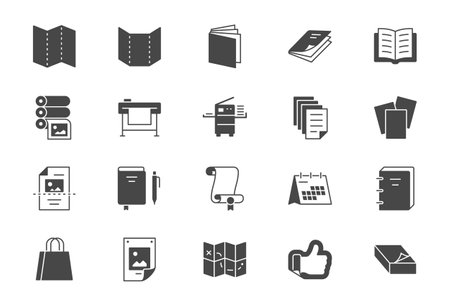 Printing house flat icons. Vector illustration include icon - large format, brochure, booklet, typography, guidebook, calendar glyph silhouette pictogram for polygraphyのイラスト素材