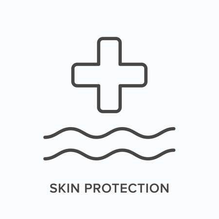 Skin protection flat line icon. Vector outline illustration of skin and cross. Black thin linear pictogram for dermatologyのイラスト素材