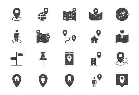 Location flat icons. Vector illustration include icon - gps, paper map, globe, information sign, compass, smartphone, work, job glyph silhouette pictogram for navigation. Black color signsのイラスト素材