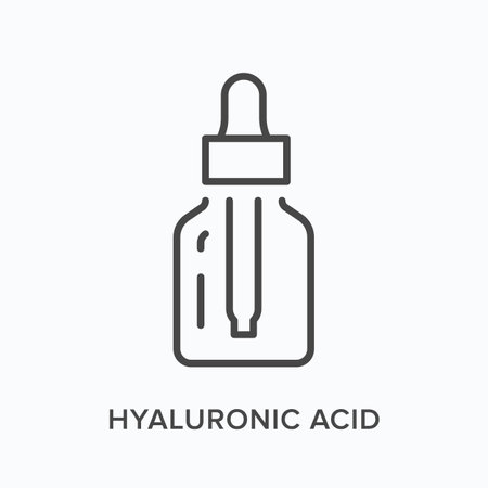 Hyaluronic acid flat line icon. Vector outline illustration of bottle and pipette. Black thin linear pictogram for skincare serumのイラスト素材