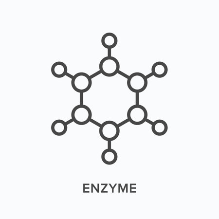 Enzyme flat line icon. Vector outline illustration of molecule. Black thin linear pictogram for scienceのイラスト素材
