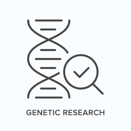 Genetic research flat line icon. Vector outline illustration of dna spiral and magnifier. Black thin linear pictogram for biotechnologyのイラスト素材