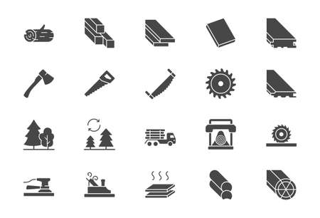 Lumber flat icons. Vector illustration include icon - log, plank, polishing grinder, saw, lumberjack, cutting, carpentry glyph silhouette pictogram for wood cutting. Black color signsのイラスト素材