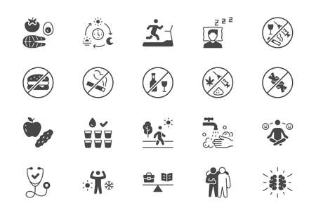 Healthy lifestyle flat icons. Vector illustration include icon - fitness, yoga, walking man, hygiene, meditation, hardening glyph silhouette pictogram for sport lifestyle. Black color signsのイラスト素材