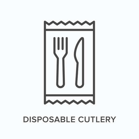 Disposable cutlery flat line icon. Vector outline illustration of fork and knife. Black thin linear pictogram for plastic tablewareのイラスト素材