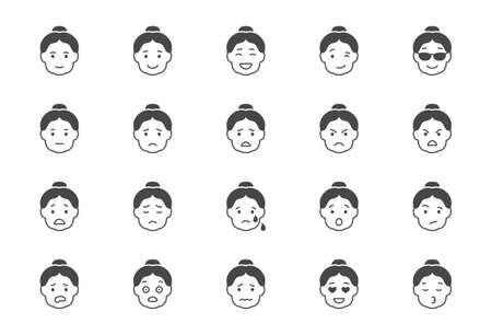 Grandma emoticons flat icons. Vector illustration include icon - mental health, worry, disappointed glyph silhouette pictogram for elderly woman character expression. Black color signsのイラスト素材