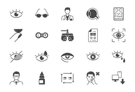 Ophthalmology flat icons. Vector illustration include icon - contact lens, eyeball, glasses, blindness, phoropter, laser surgery, eye check, glyph silhouette pictogram for optometrist equipmentのイラスト素材