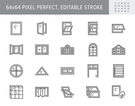 Window types line icons. Vector illustration include icon - sliding, paladian, awning, basement, transom, accordion, skylight, outline pictogram for architecture. 64x64 Pixel Perfect, Editable Strokeのイラスト素材