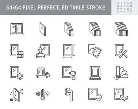 Plastic window line icons. Vector illustration include icon - double glazed, handyman, worker, measurement, installation outline pictogram for architecture. 64x64 Pixel Perfect, Editable Strokeのイラスト素材