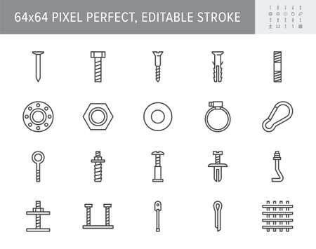 Fasteners line icons. Vector illustration include icon - clamp, plastic dowel, nail, pin, iron nut, fixture, bolt outline pictogram for coupling constructions. 64x64 Pixel Perfect, Editable Strokeのイラスト素材