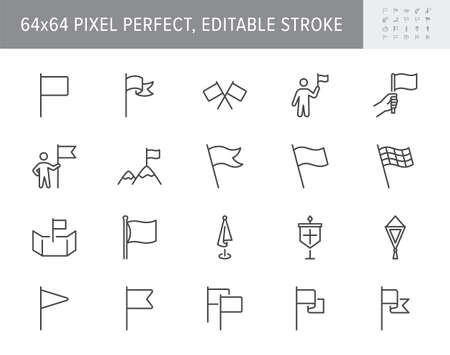Flags line icons. Vector illustration include icon - pennant, waving banner, point on map, flagpole, navigation, challenge, pennon outline pictogram for location. 64x64 Pixel Perfect, Editable Strokeのイラスト素材