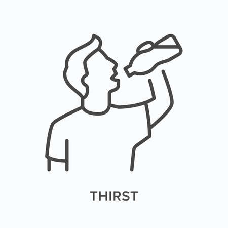 Thirst flat line icon. Vector outline illustration of man with bottle of water. Black thin linear pictogram for illness symptomのイラスト素材