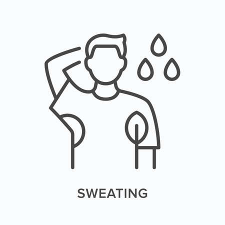 Sweating flat line icon. Vector outline illustration of man with odor. Black thin linear pictogram for illness symptomのイラスト素材