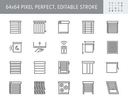 Window blinds line icons. Vector illustration include icon - mosquito net, roller, automatic motorized rolls, measuring, solar outline pictogram for jalousie. 64x64 Pixel Perfect, Editable Strokeのイラスト素材