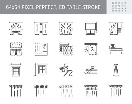 Curtains line icons. Vector illustration include icon - window, cornice, rail, tulle, bobbinet, grommet, roller outline pictogram for interior blackout material. 64x64 Pixel Perfect, Editable Strokeのイラスト素材