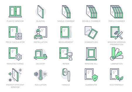 Plastic window line icons. Vector illustration include icon - double glazed, handyman, worker, measurement, installation outline pictogram for architecture. Green Color. Editable Strokeのイラスト素材