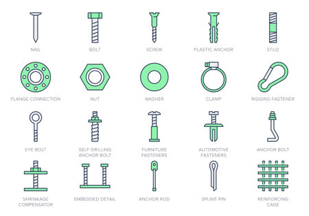 Fasteners line icons. Vector illustration include icon - clamp, plastic dowel, nail, pin, iron nut, fixture, bolt outline pictogram for coupling constructions. Green Color, Editable Strokeのイラスト素材