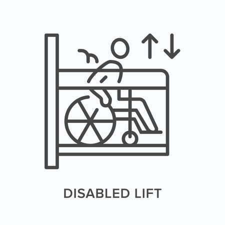 Elevator flat line icon. Vector outline illustration of lift for human with disabilities. Black thin linear pictogram for wheelchairのイラスト素材