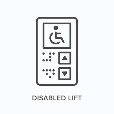 Disabled lift flat line icon. Vector outline illustration of wheelchair. Black thin linear pictogram for elevator panelのイラスト素材