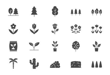 Plants flat black color icons. Vector illustration include icon - green fence, wood, houseplant, thuja, seedling, wildflower, cactus glyph silhouette pictogram for garden tree and bushesのイラスト素材