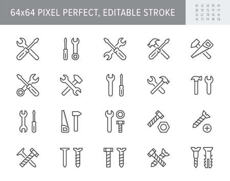 Repair tools line icons. Vector illustration include icon - hammer, ring spanner, fasteners, nail, screwdriver, wrench outline pictogram for construction toolkit. 64x64 Pixel Perfect, Editable Strokeのイラスト素材