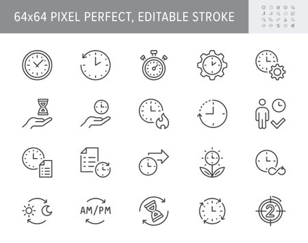 Time management line icons. Vector illustration include icon - deadline, stopwatch, hourglass, metronome, delay, punctuality outline pictogram for work days. 64x64 Pixel Perfect, Editable Strokeのイラスト素材