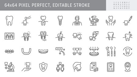 Dental care line icons. Vector illustration include icon - implant, braces, dentist, toothache, aligners, veneers, tooth outline pictogram for stomatology clinic. 64x64 Pixel Perfect, Editable Strokeのイラスト素材