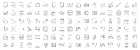 Electronics line icons. Vector illustration include icon - hardware, keyboard, disk, hvac, kitchen appliances, headphones, router, chip, computer outline pictogram for home devices. Editable Strokeのイラスト素材