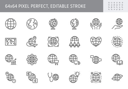 Globe line icons. Vector illustration include icon - international communication, teamwork, ecology, earth, travel outline pictogram for worldwide cooperation. 64x64 Pixel Perfect, Editable Strokeのイラスト素材