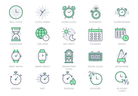 Time line icons. Vector illustration include icon - calendar, hourglass, wristwatch, schedule, stopwatch, fast, smart watch, deadline outline pictogram for clock. Green Color, Editable Strokeのイラスト素材