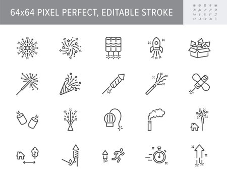 Fireworks line icons. Vector illustration include icon - ice fountain, firecracker, sparkler, roman candle, petard outline pictogram for celebration pyrotechnic. 64x64 Pixel Perfect, Editable Strokeのイラスト素材