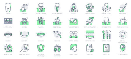 Dental care line icons. Vector illustration include icon - implant, braces, dentist, toothache, aligners, veneers, tooth outline pictogram for stomatology clinic. Green Color, Editable Strokeのイラスト素材