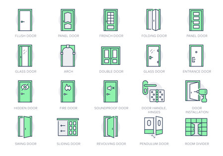 Door types line icons. Vector illustration include icon - sliding, french, folding, bifold, flush, arch, swing, revolving, hinges outline pictogram for doorway. Green Color, Editable Strokeのイラスト素材