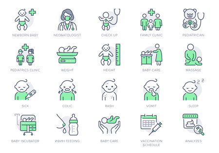 Pediatrics line icons. Vector illustration include icon - incubator, breastfeed, stethoscope, colic, massage, chickenpox, rash outline pictogram for baby care. Green Color, Editable Strokeのイラスト素材