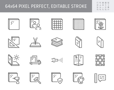 Glass types line icons. Vector illustration include icon - ferroglass, reinforced, frosted, privacy, strained, tempered, secure outline pictogram for mirrors. 64x64 Pixel Perfect, Editable Strokeのイラスト素材