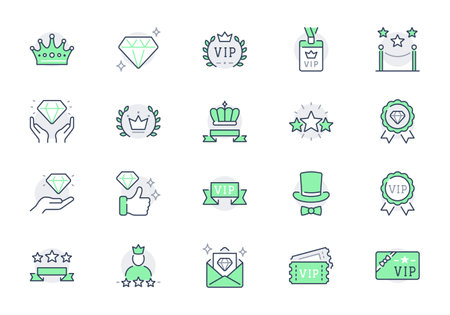 VIP line icons. Vector illustration include icon - benefit, ribbon, diamond, quality, crown, laurel, victory, star outline pictogram for privilege person program. Green Color, Editable Strokeのイラスト素材