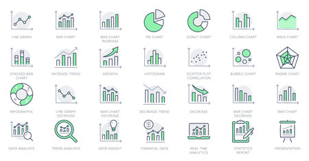 Graph line icons. Vector illustration include icon - data analysis, diagram, stat, histogram, economy outline pictogram for infographic statistic presentation. Green Color, Editable Strokeのイラスト素材