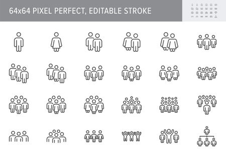 People group line icons. Vector illustration include icon - work, person, team, employee, leadership, community, crowd, discussion outline pictogram for teamwork. 64x64 Pixel Perfect, Editable Strokeのイラスト素材