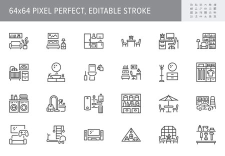 Room types line icons. Vector illustration include icon - bedroom, couch, workplace, library, nursery, wardrobe, sunroom outline pictogram for interior furniture. 64x64 Pixel Perfect, Editable Strokeのイラスト素材