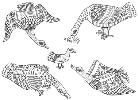 Ethnic decorative style, wild duck, ethnic Ukrainian style, ornament of Carpathian motifs stylizedのイラスト素材