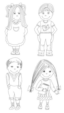 Cheerful schoolchildren smiling, drawn by a pen, vector, art drawingのイラスト素材