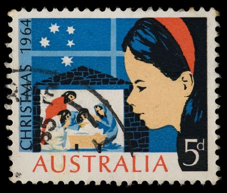 Vintage cancelled postage stamp with christmas nativity illustration. Australia, 1964.の写真素材