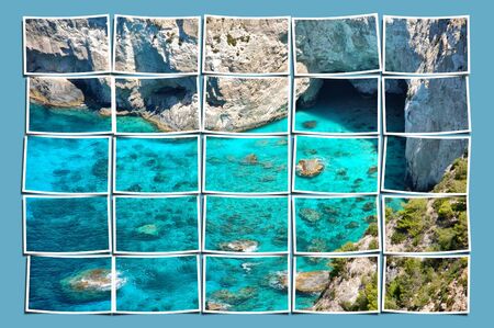 Composition series of small photographs forming a large panoramic image of rocky beach and caves in Zakynthos, Greece.の写真素材