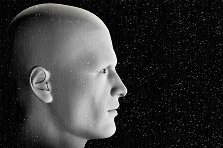 Male figure behind window glass in the pouring rain. Digitally created illustration.の写真素材