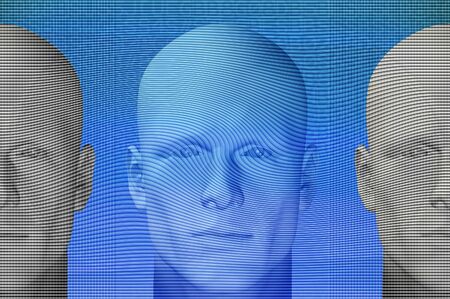 Futuristic male figures and abstract shapes. 3d digitally created futuristic illustration.の写真素材