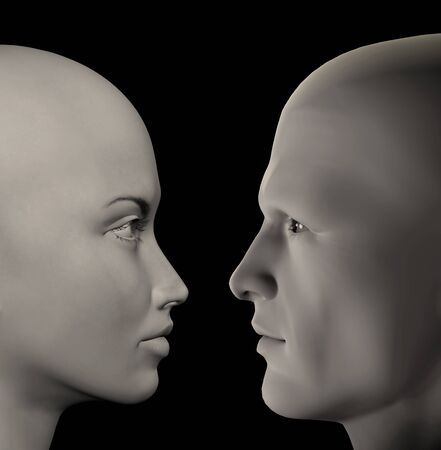 Man and woman facing couple. 3d digitally created illustration.の写真素材