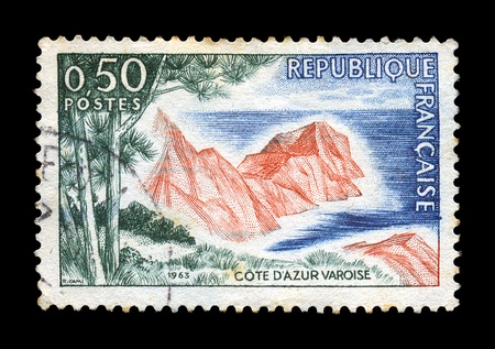FRANCE - CIRCA 1963. Vintage canceled postage stamp with Cote d'Azur French Riviera landscape illustration, circa 1963.の写真素材