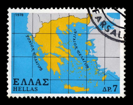 GREECE - CIRCA 1978. Vintage canceled postage stamp with map of Greece illustration, circa 1978.の写真素材
